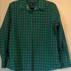 Lands End Women's Non Iron Supima Cotton Green Geo Print LS Shirt Sz 14P